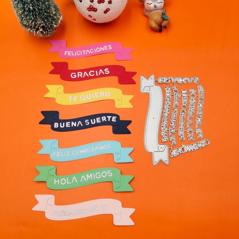 Feemkota Spanish Words Die Cuts for Card Making Español Banner Stamps Ribbon Cutting Dies for DIY Paper Scrapbooking Crafts Embossing Decorations - Image 2
